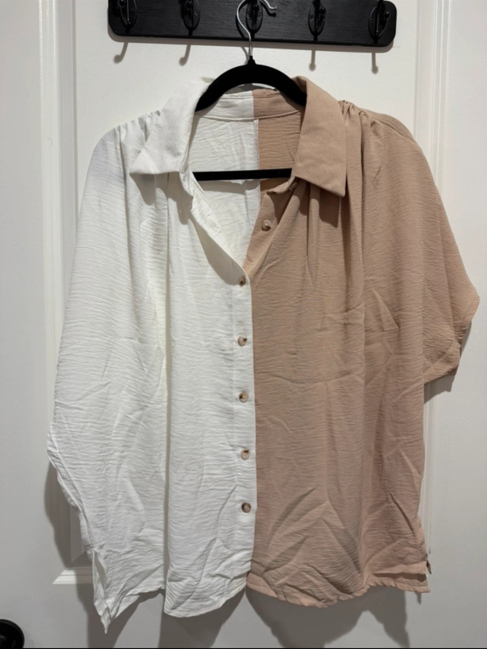 SHEIN Two-Tone White and Tan Button-Down Shirt
